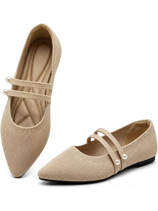 Shoes - Women's Beige Rubber Knit Pointed Toe Double Strap Ballet Flat Breathable Shoes